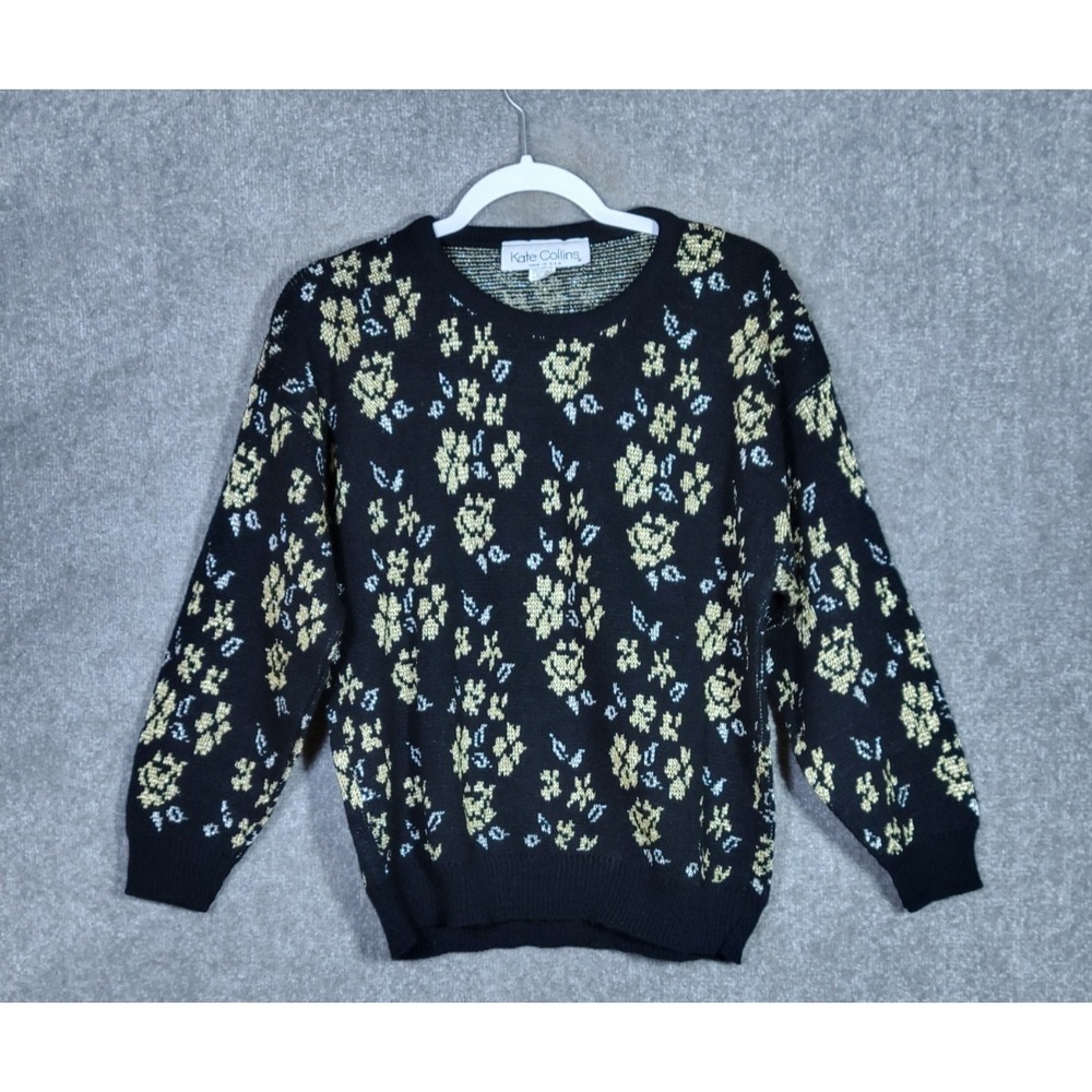Vintage Kate Collins Sweater Womens Size Medium‎ Black Metallic Gold Silver USA